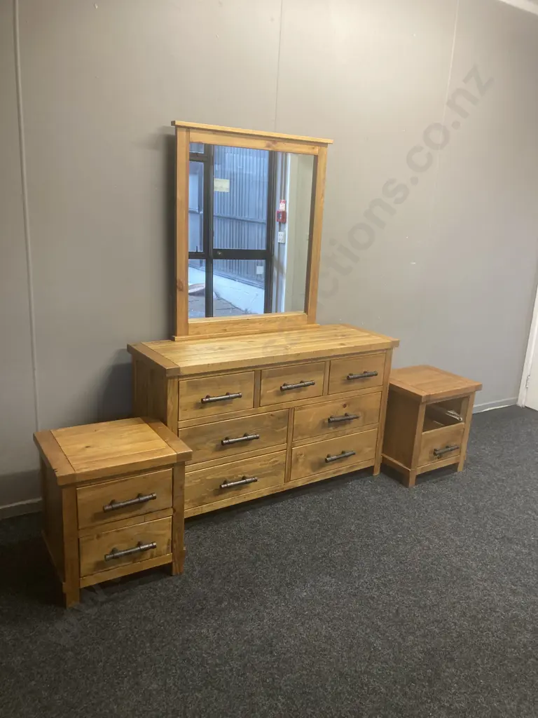 Wooden Bedroom Suite, 7 Drawer Chest With Mirror, 2 x Bedsides (1 Missing a Drawer), Steel Pipe Look Handles Image 1++
